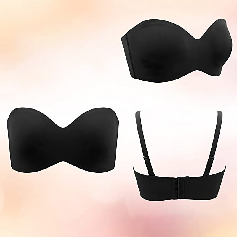 Beige bandeau BH, stroppeløs, pluss størrelse, med komfortabel full støtte. Sklisikker undertøy for kvinner.