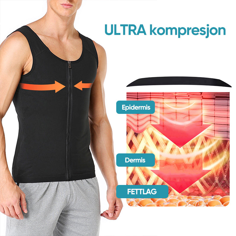 Premium herre kompresjonsvest med glidelås, kroppsformende design for elegant og strammere fremtoning.