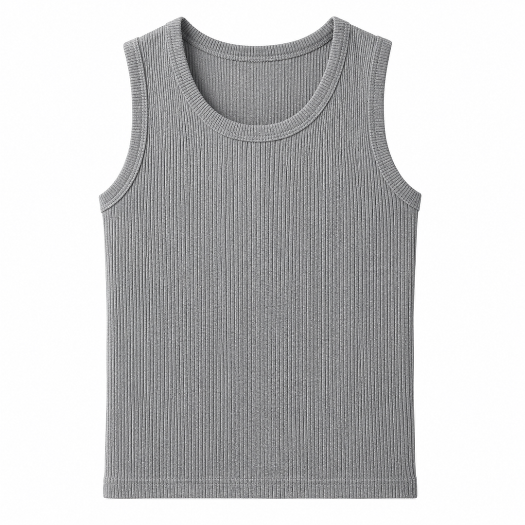 Grå herre ribbestrikket singlet. Allsidig ermeløs topp, perfekt som basisplagg eller til trening.