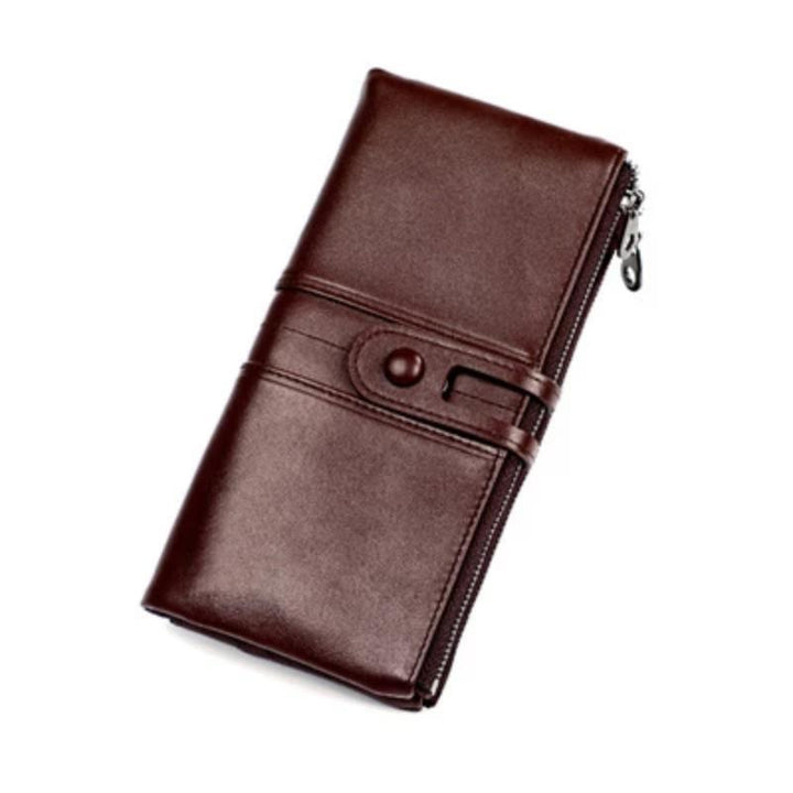 Elegant og organisert lang skinnlommebok for kvinner, med glidelås, burgunder, svart/khaki.