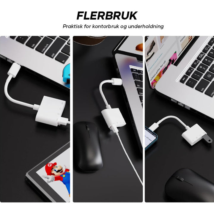 Universell minnekortleser for iPhone og Android, støtter SD- og TF-kort via USB-C.
