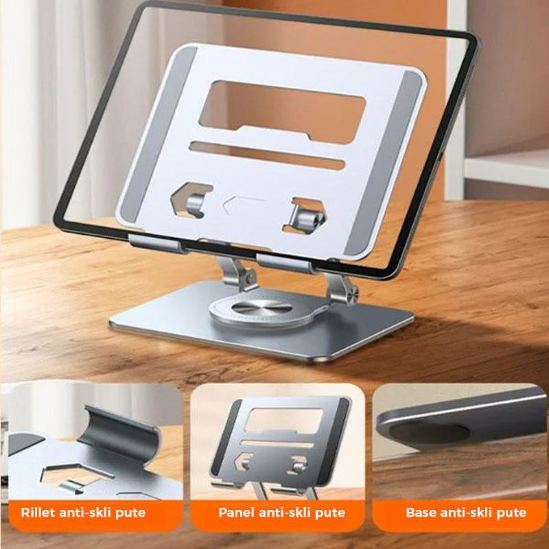 Ergonomisk bærbar holder i aluminium, justerbar for optimal visningsvinkel og komfort.