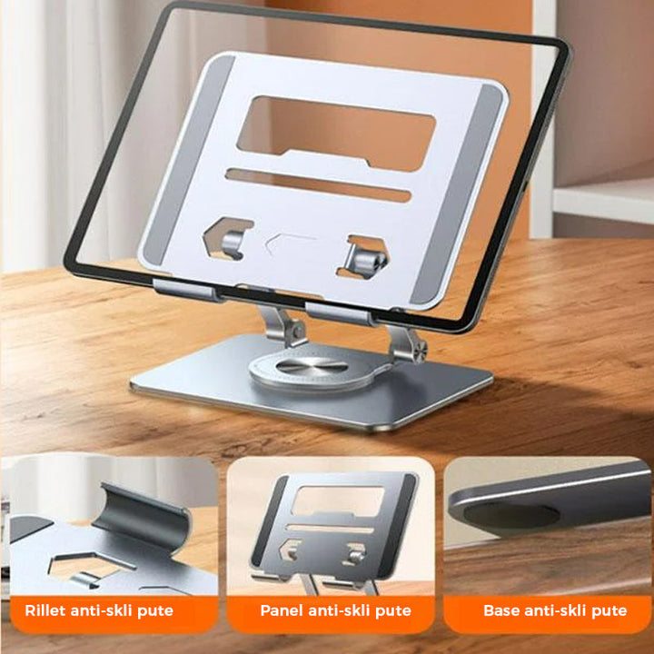 Ergonomisk bærbar holder i aluminium, justerbar for optimal visningsvinkel og komfort.