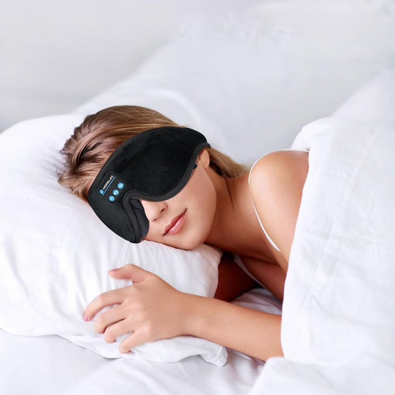 Bluetooth sovemaske i velour for dyp avslapning og musikk. Trådløs og komfortabel.