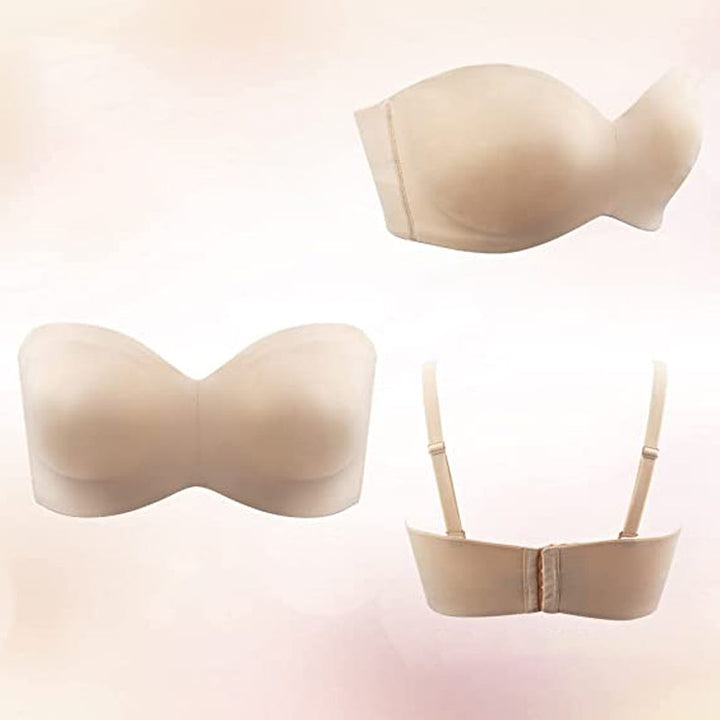Dame stroppeløs bandeau BH, svart, med sklisikker full støtte. Essensielt komfortabelt undertøy i nylon.