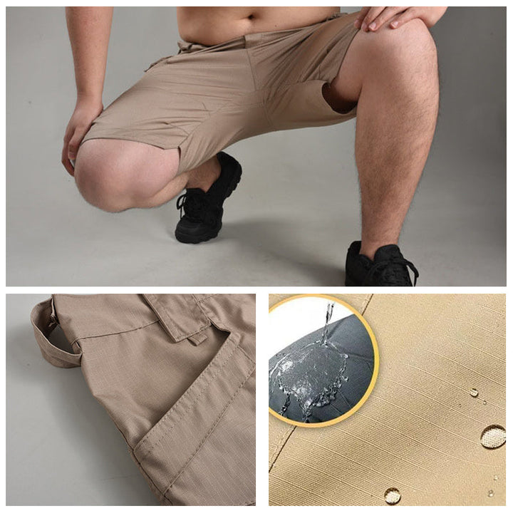 Detalj av slitesterkt stoff og kamuflasjemønster på taktisk shorts, designet for robust utendørs komfort.