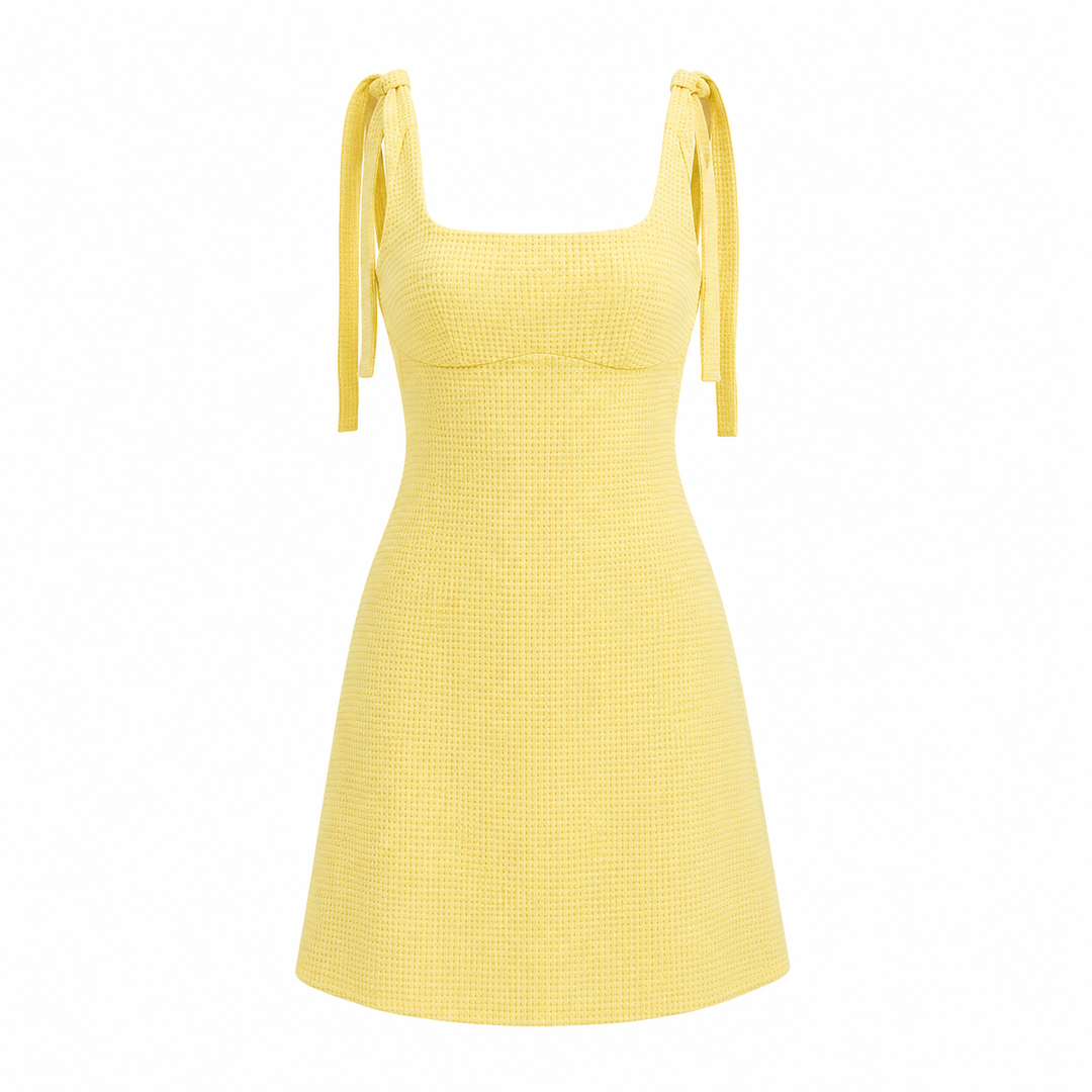 Lett og ledig gul sommerkjole med ermeløs design og trendy åpen rygg. En casual damekjole for varme dager.