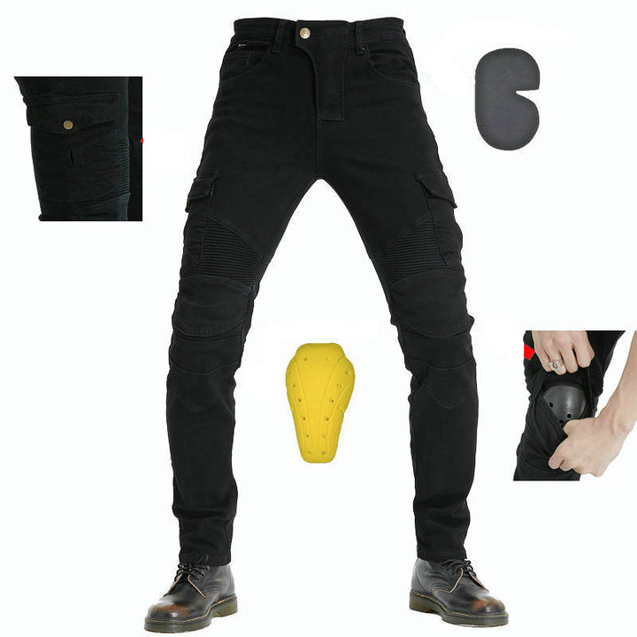 Detalj av grå mc-bukser i slitesterk denim med integrert knebeskyttelse for motorsyklister.