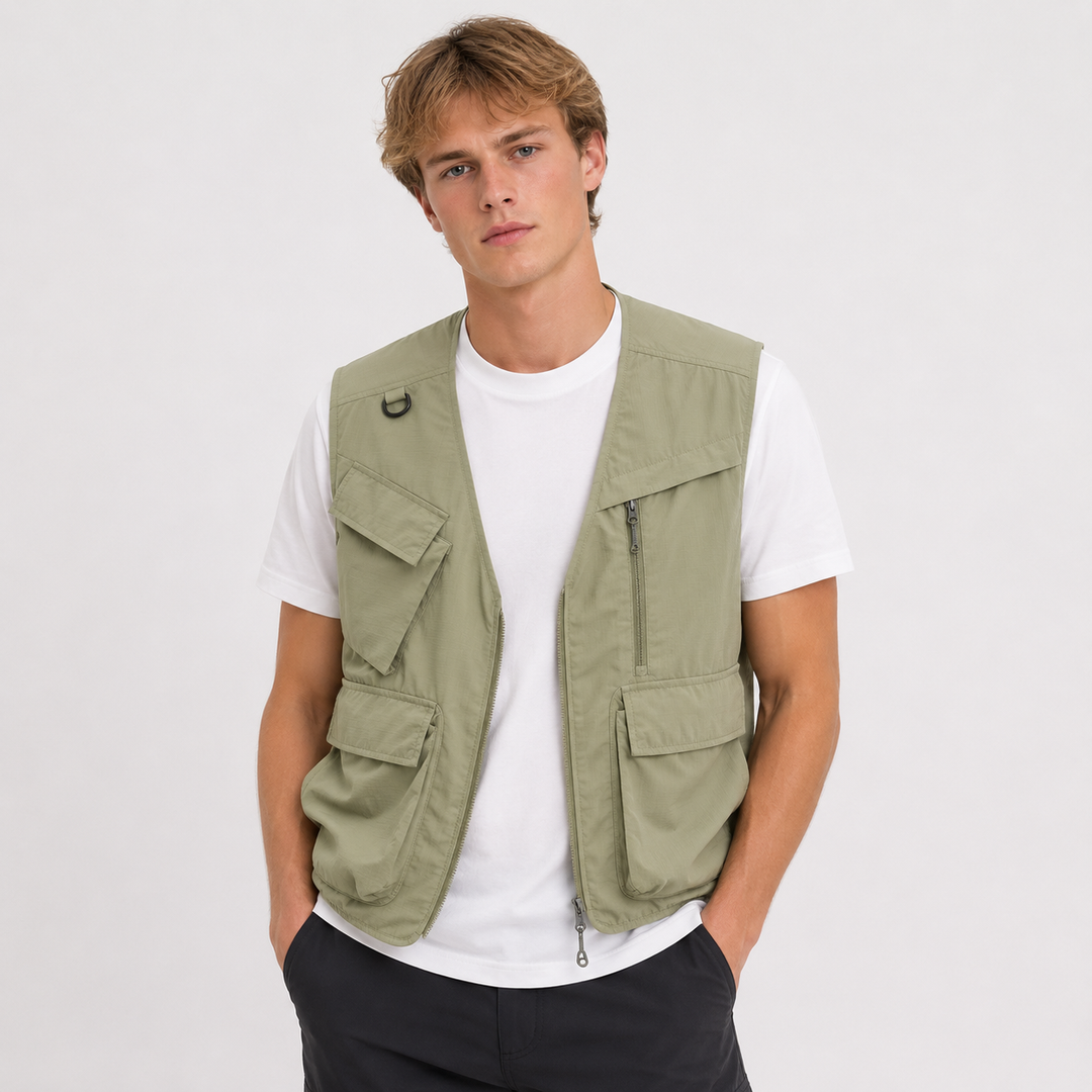Robust unisex vest med mange lommer for aktivt friluftsliv, perfekt som turklær og campingvest.