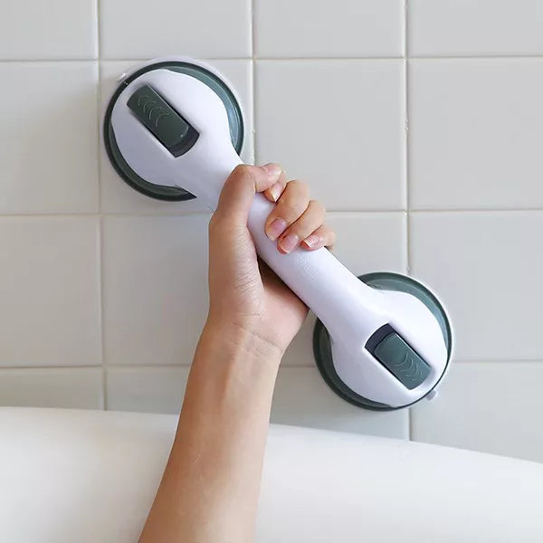 Dusjhåndtak med sterke sugekopper for sklisikker støtte på badet, enkel montering uten boring.