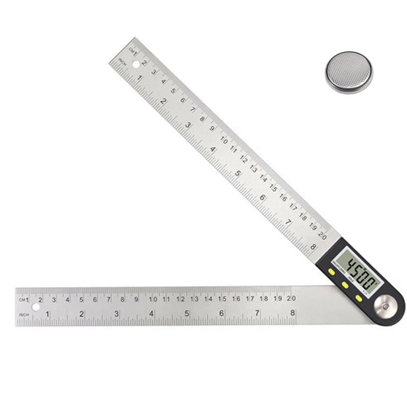 Allsidig digital vinkellinjal for trearbeid og møbelproduksjon. Rustfritt stål med LCD-skjerm.
