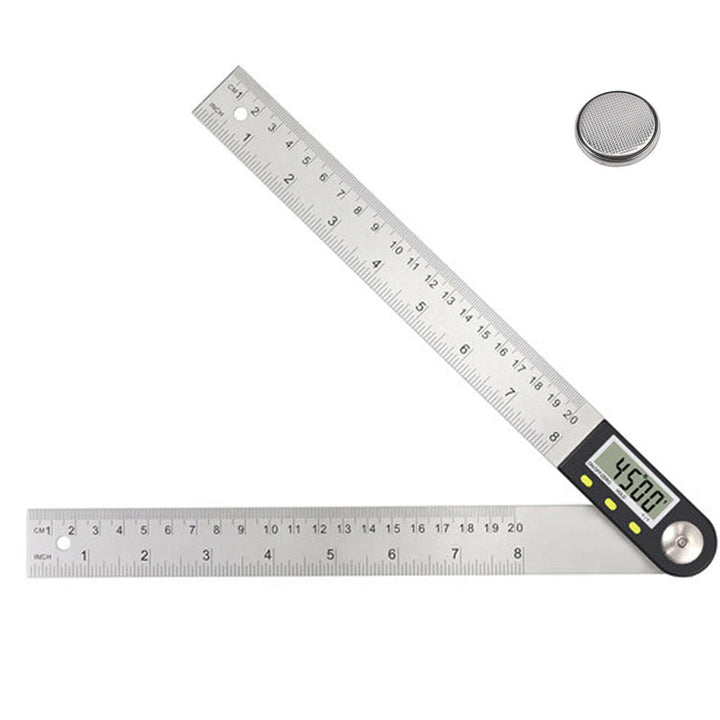 Allsidig digital vinkellinjal for trearbeid og møbelproduksjon. Rustfritt stål med LCD-skjerm.