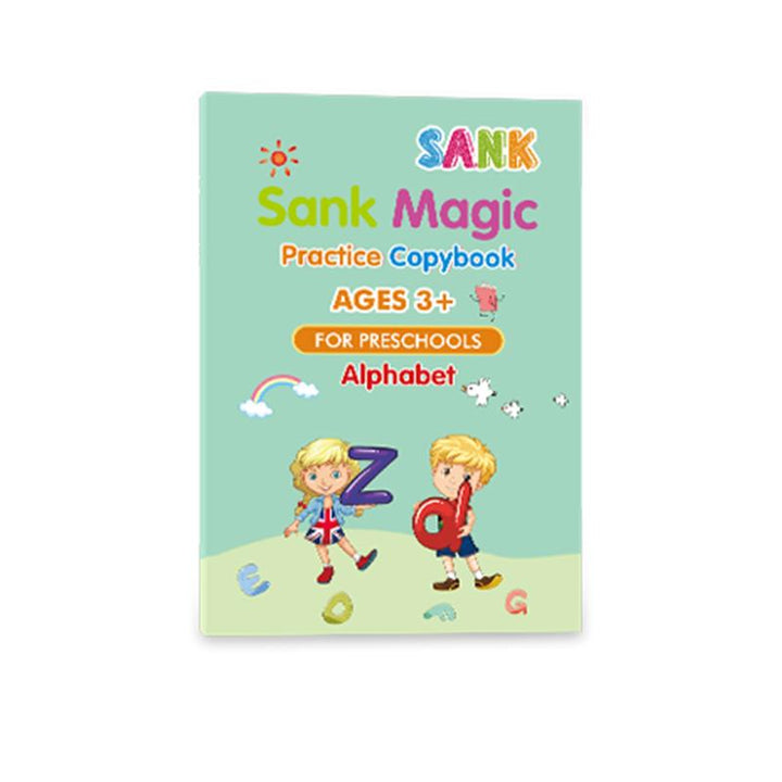 Barnes bok for håndskriftutvikling; gjenbrukbar for lek og læring av alfabet og tall.