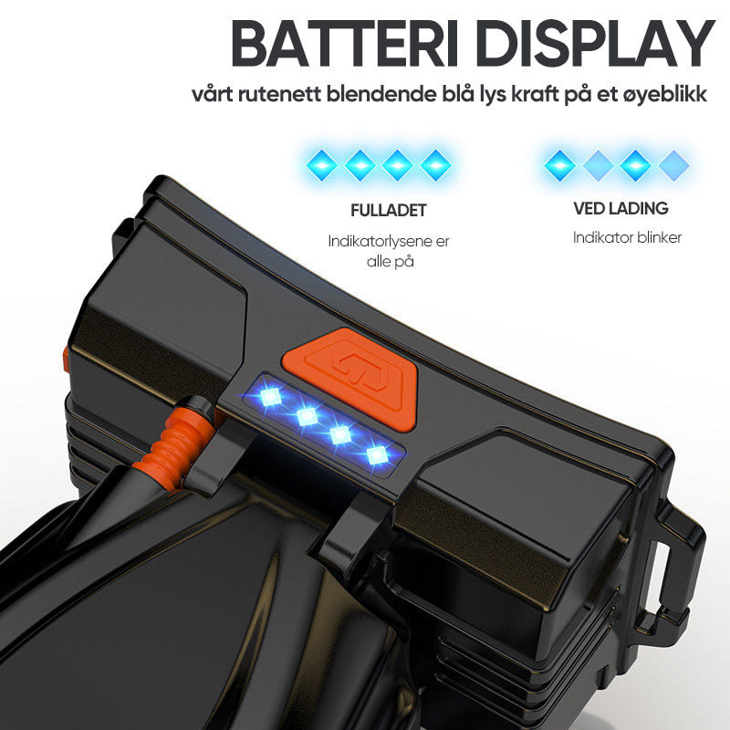 Oppladbar LED hodelykt for handsfree belysning under alle forhold. Kraftig turutstyr.