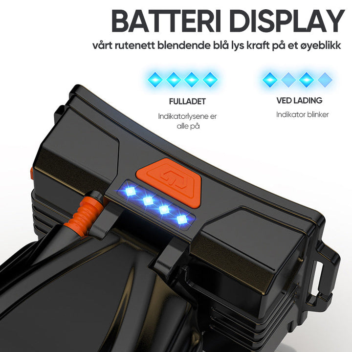 Oppladbar LED hodelykt for handsfree belysning under alle forhold. Kraftig turutstyr.