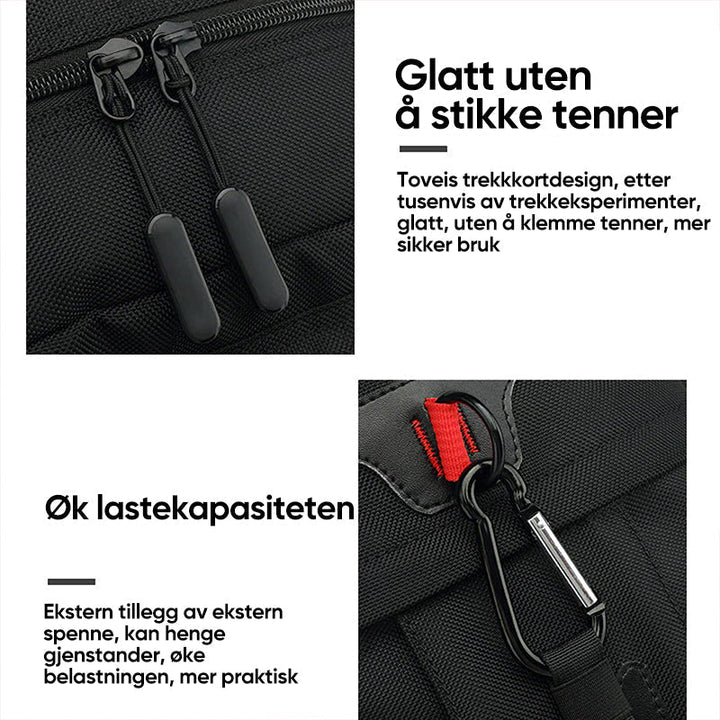 Vanntett laptop-ryggsekk i svart, med USB-lader og flere lommer for organisert reise.