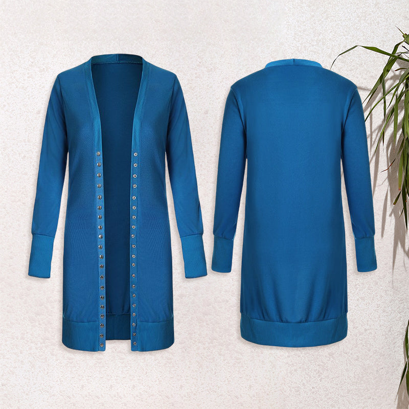 Solid farget damecardigan med V-hals og lange ermer, en elegant og casual garderobefavoritt.