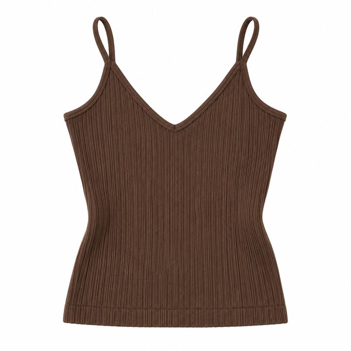 Stilfull dame crop topp i kaffe. Strikket, ermeløs med V-hals og en moderne åpen rygg. Hverdagsmote.