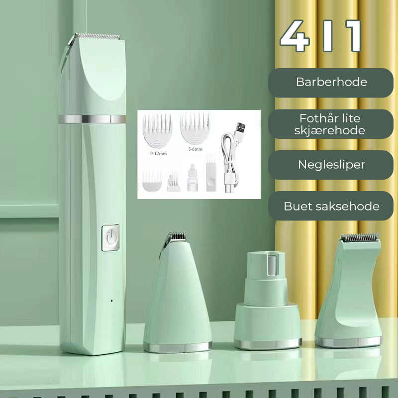 Komplett løsning for kjæledyrgrooming: stillegående, trådløs 4-i-1 trimmer og neglesliper.