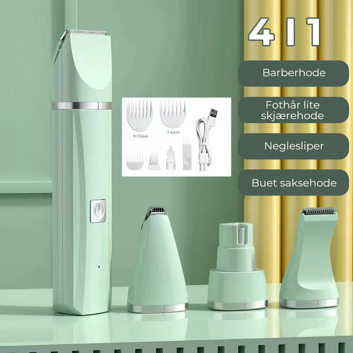 Komplett løsning for kjæledyrgrooming: stillegående, trådløs 4-i-1 trimmer og neglesliper.