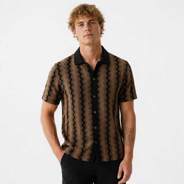 Vintage herre strikket skjorte, rutete design. Kortermet cardigan i herremote, perfekt for sommer.