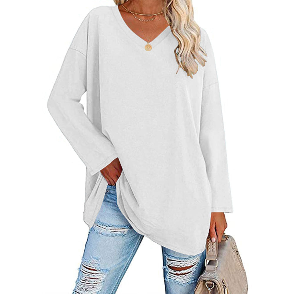 Grønn ensfarget langermet t-skjorte med V-hals, kvinner, lett og pustende stoff.