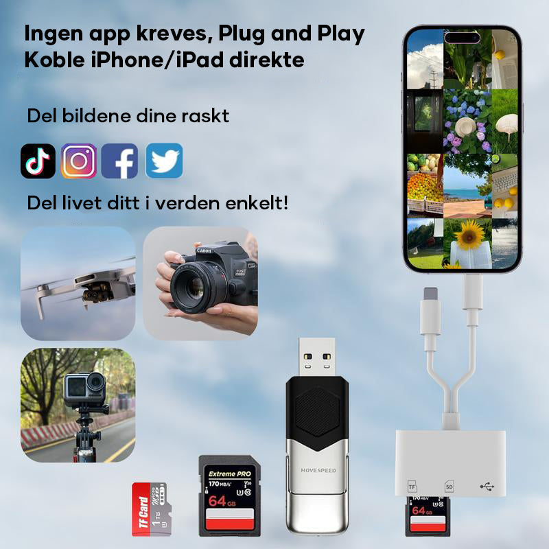 Overfør bilder raskt fra SD-kort til mobil/nettbrett med denne universelle kortleseren.