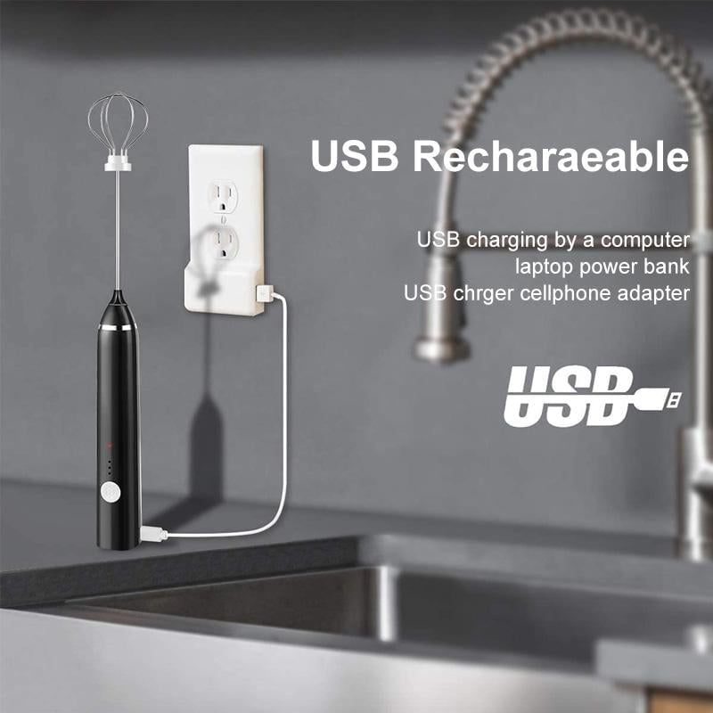 Håndholdt elektrisk melkeskummer i rustfritt stål for kaffe, latte og baking. USB-ladbar visp.