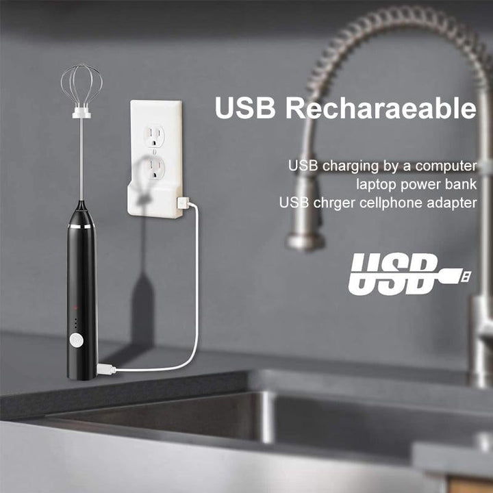 Håndholdt elektrisk melkeskummer i rustfritt stål for kaffe, latte og baking. USB-ladbar visp.