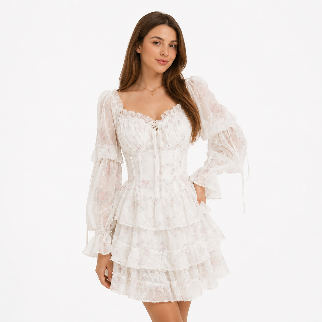 Hvit blomstret minikjole for dame med firkantet utringning og romantiske puffermer, perfekt sommerkjole i chiffon.
