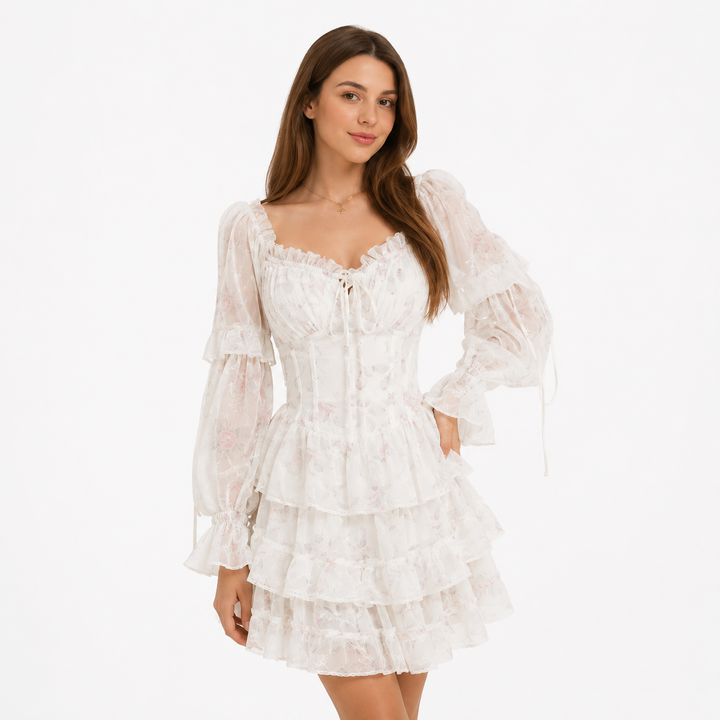 Hvit blomstret minikjole for dame med firkantet utringning og romantiske puffermer, perfekt sommerkjole i chiffon.