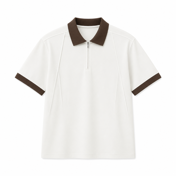 Moderne herre half-zip pikéskjorte med kortermet design og kontrastkrage. Ideell for jobb og fritidsbruk.