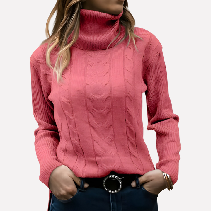 Grå kvinners langermet genser, varm og behagelig. En allsidig strikket turtleneck.