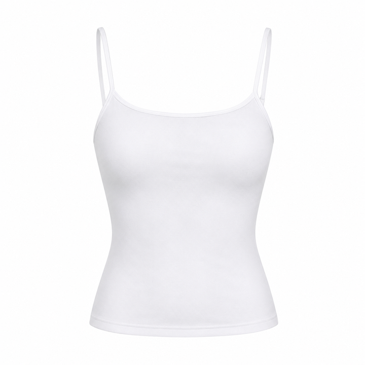 Komfortabel, basic dame crop topp i ensfarget design med spagettistropper. Enkel og trendy ermeløs sommertopp.