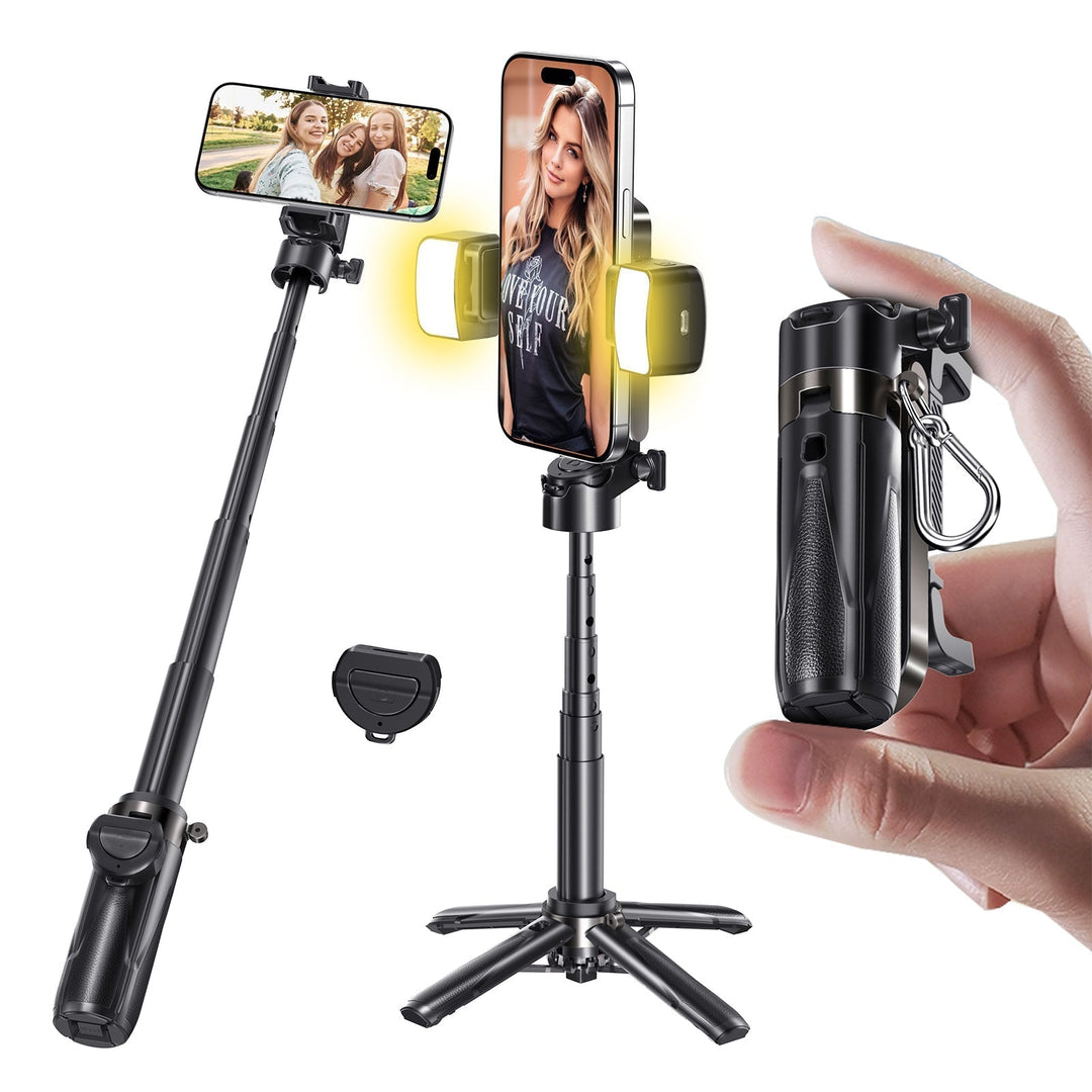 Universell selfiestang og stativ med Bluetooth fjernkontroll for mobil.