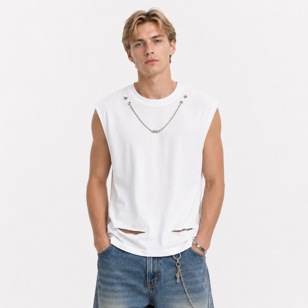 Vintage herre tanktopp for avslappede sommerdager. Grå bomullssinglet med løs passform, perfekt fritidsplagg.