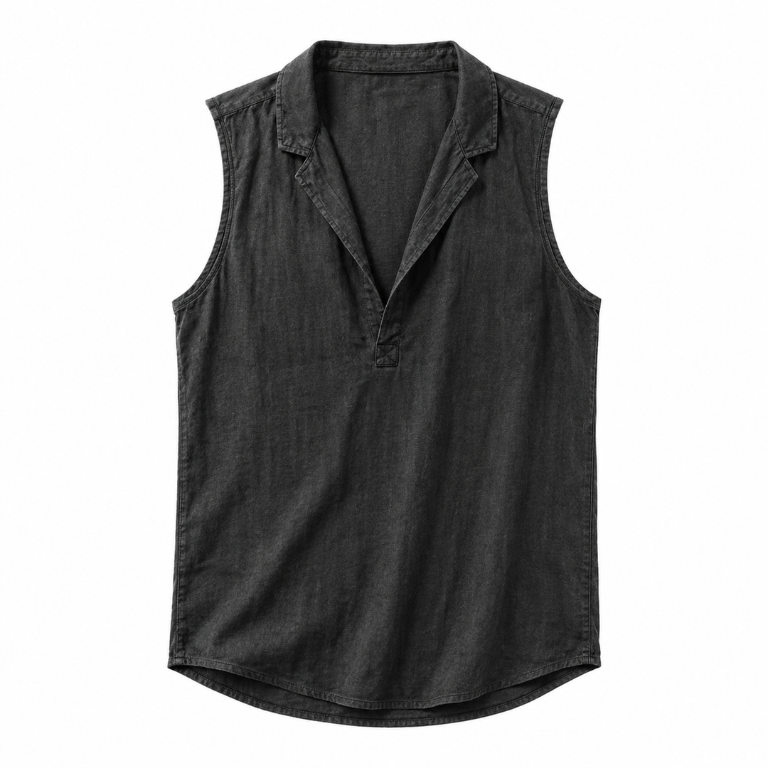 Svart retro herre topp, ermeløs og løs passform. Ideell for casual sommerbruk og hverdag.