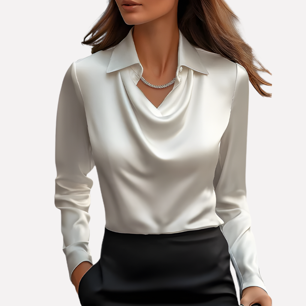 Kvinners elegant bluse med drapert krage, langermet, perfekt for kontor eller fest.