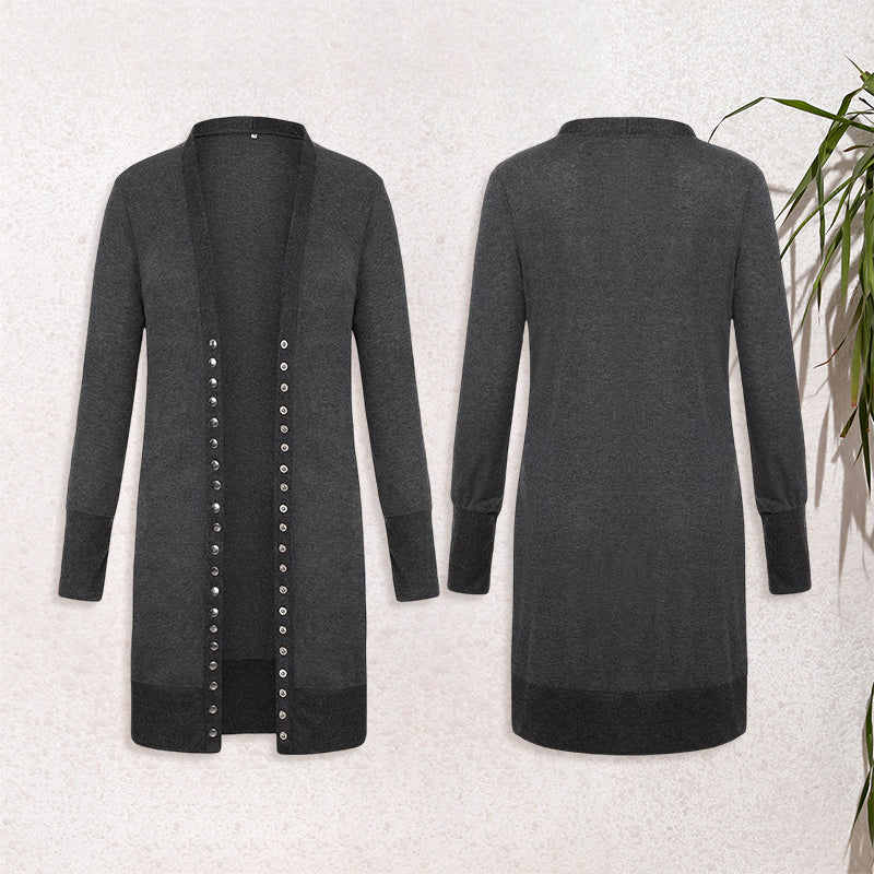Høstlig V-hals cardigan for kvinner i ribbet strikk, mellomlengde og solid farge, casual chic.