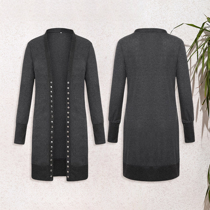 Høstlig V-hals cardigan for kvinner i ribbet strikk, mellomlengde og solid farge, casual chic.