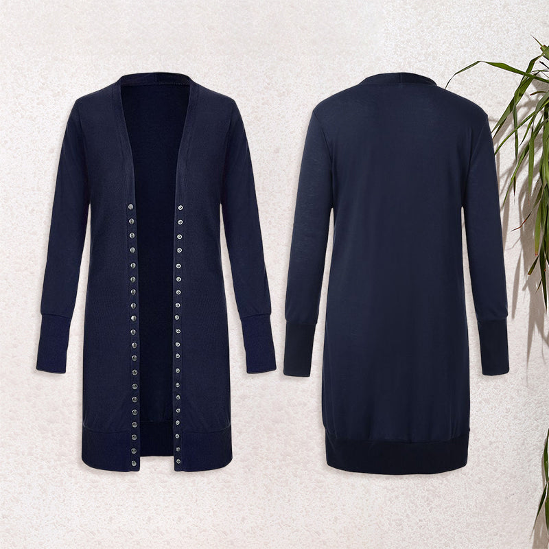 Komfortabel og allsidig V-hals cardigan for kvinner, mellomlengde i ensfarget design.