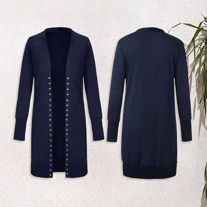 Komfortabel og allsidig V-hals cardigan for kvinner, mellomlengde i ensfarget design.