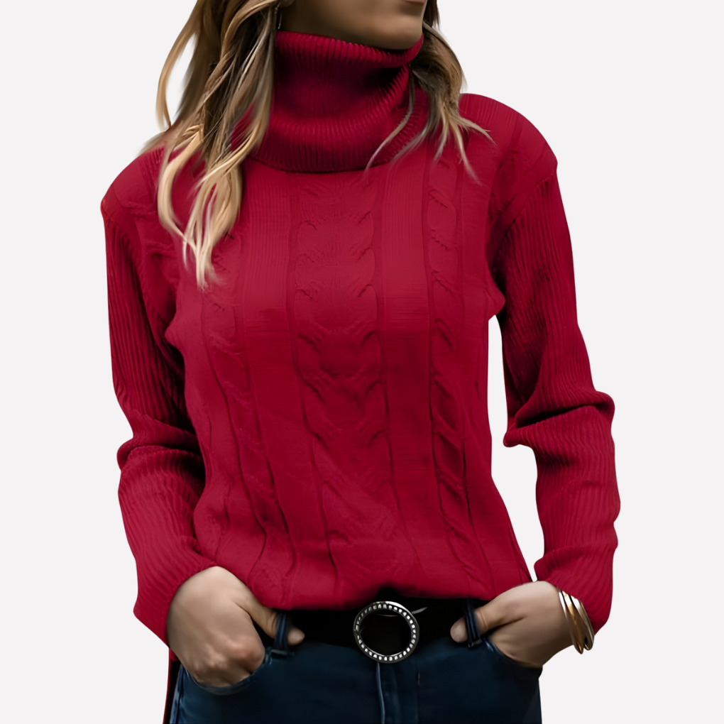 Stilfull damegenser med høy hals, perfekt for lagdeling. Grå strikket turtleneck.