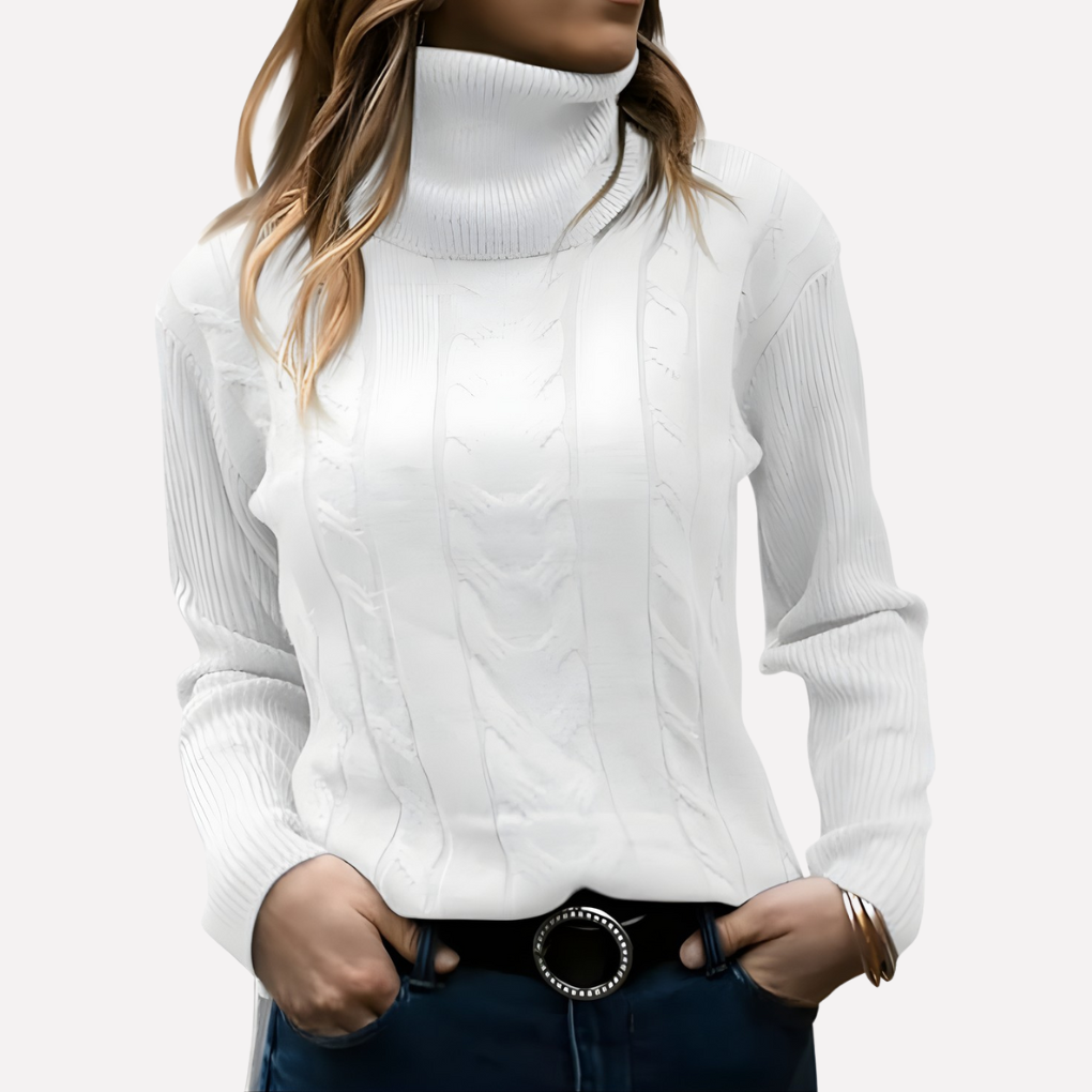 Langermet strikkegenser til kvinner, varm og allsidig. Klassisk marineblå turtleneck.