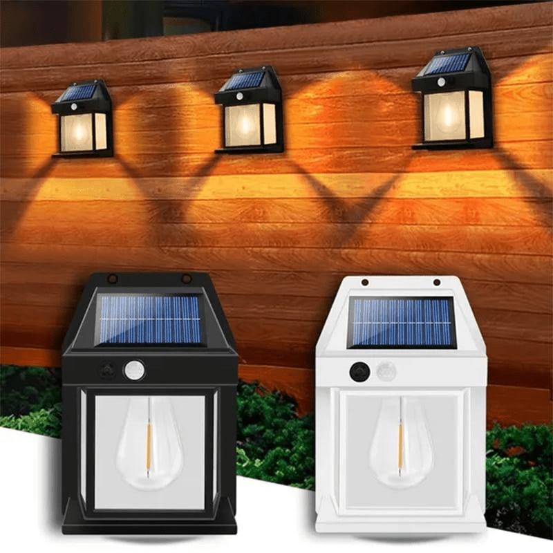 Hvit solcelle vegglampe med bevegelsessensor for utendørs bruk. Energisparende LED-lys.