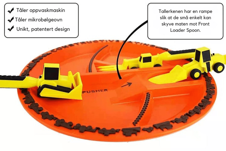 Barnesett med byggetema, komplett spisesett for barn. Fargerikt middagssett gjør måltider morsomme!