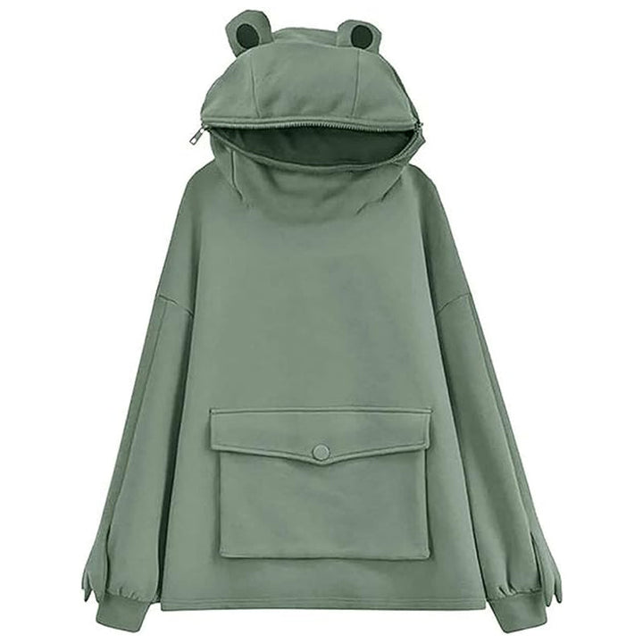 Myk unisex froskehettegenser, grønn, ideell for streetwear og avslappede fritidsaktiviteter.