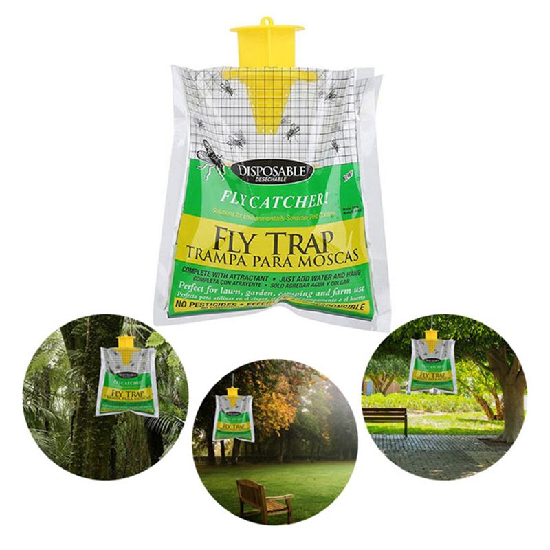 Giftfri fluefangerpose klar for oppheng. Løsning for å redusere fluer på terrasse og i hage.