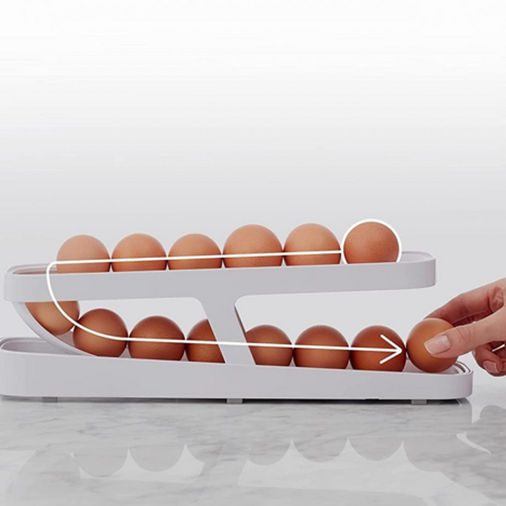 Praktisk eggbeholder for kjøleskap. Automatisk rullende design sikrer ferske egg lett tilgjengelig.