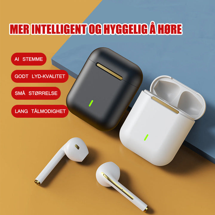 Nærbilde av trådløse in-ear hodetelefoner, viser komfortabel passform for langvarig bruk. Perfekt lyd.